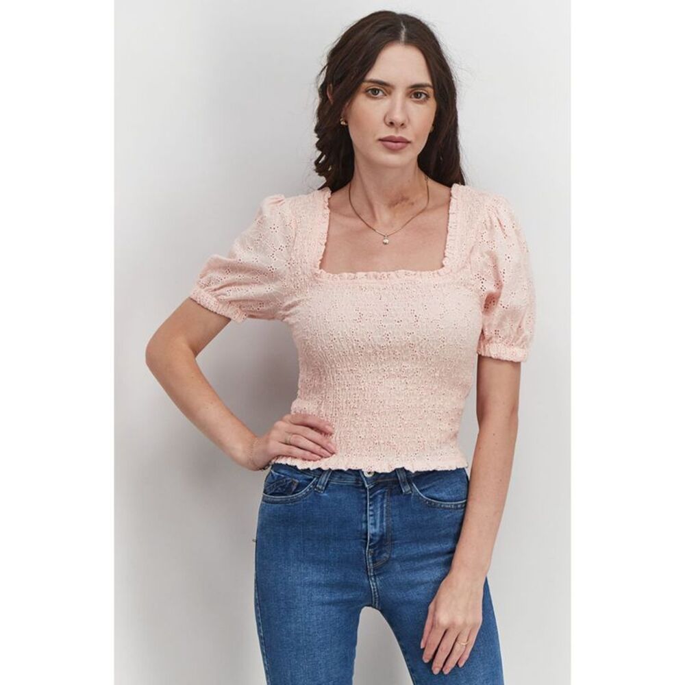 Q+A LOS ANGELES Womens Top Pink Smocked Short Sleeve Square Neck Juniors M